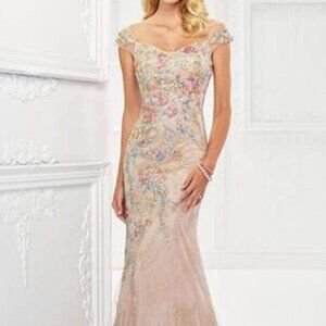 NWT Montage by Mon Cheri 118966 Tulle Prom Dress Champagne/Multi 10